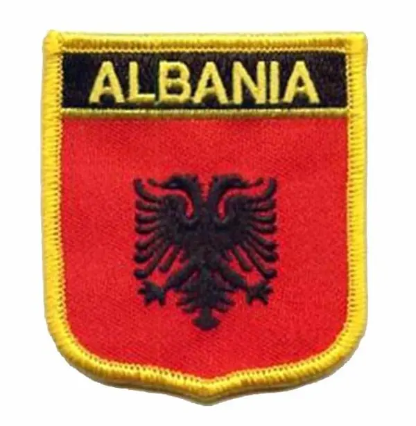 

Custom Albania Flag Embroidery Patches Cotton Labels for Clothing Merrow Border and PVC Backing Make as Client Design & MOQ50pcs