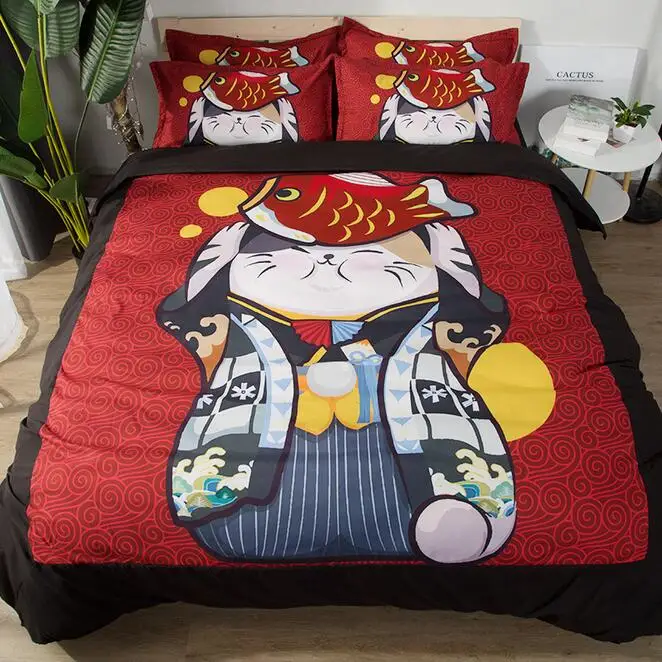 3 Японский домашний текстиль Maneki Neko LUCKY CAT постельные принадлежности набор Твин Королева Король простыни наволочки пододеяльники - Цвет: 3