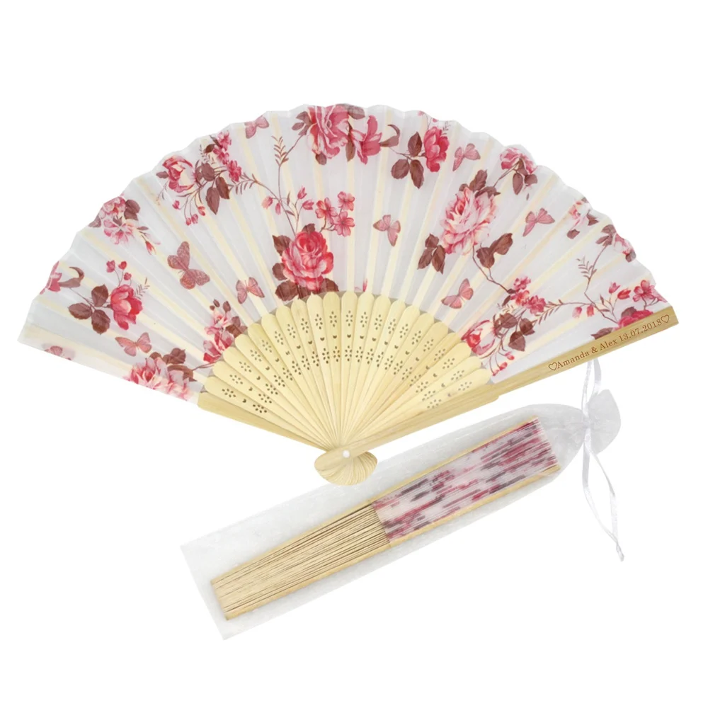 

12/15/40Pcs Personalized Engraved Ladies Bamboo & Silk Fan Rose Flower Hand Folding Fans Outdoor Dancing Wedding Party Gift