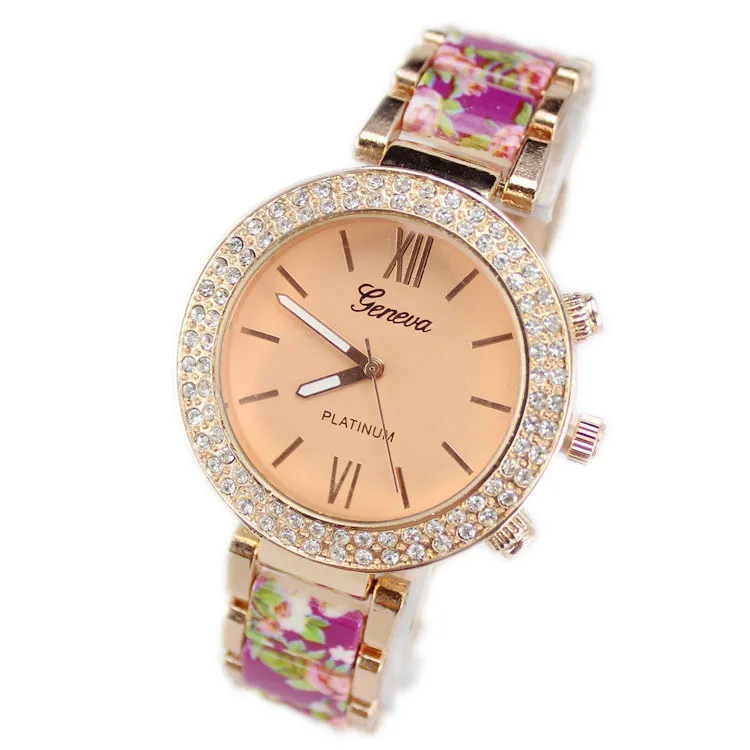 2015 новинка цветок печатные бренда женева платье часы женщины полный стали