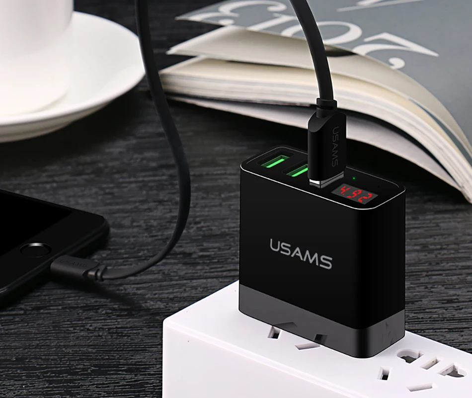 USAMS 3 порта USB зарядное устройство светодиодный дисплей ЕС/США штекер Max 2.4A Смарт Быстрая зарядка зарядное устройство для мобильных устройств для samsung xiaomi