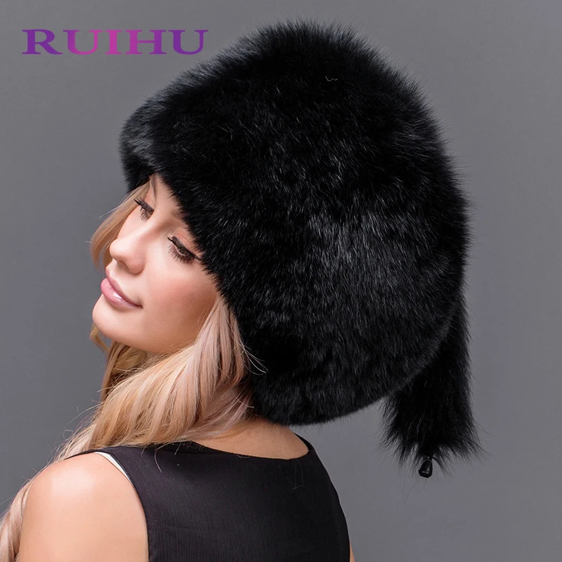Ruihu Новинка зимы женские натуральный Лисий мех шапка новый толстый теплый silver fox