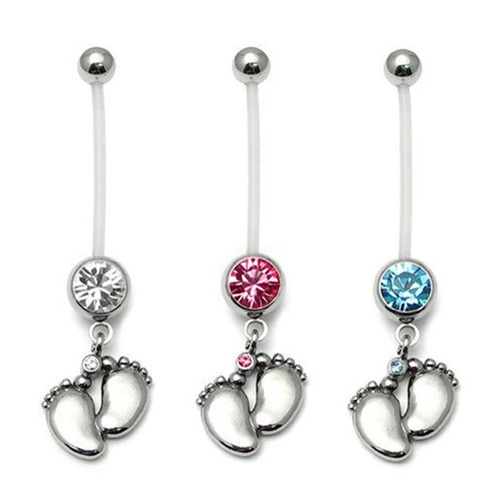 

Baby on Board PTFE Flexible CZ Crystal Feet Pregnant Maternity Navel Belly Ring Fasion Dangle Belly Button Piercing Jewelry 14g