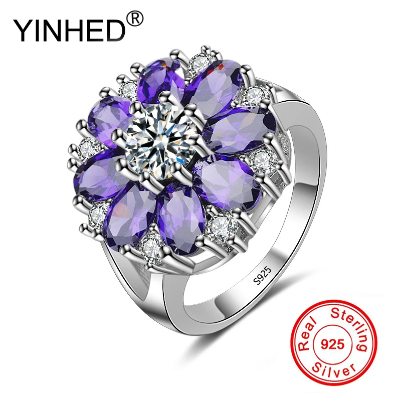 

YINHED Big Flower Finger Rings for Women 100% 925 Sterling Silver Purple/Clear AAA Cubic Zircon Wedding Engagement Ring ZR525