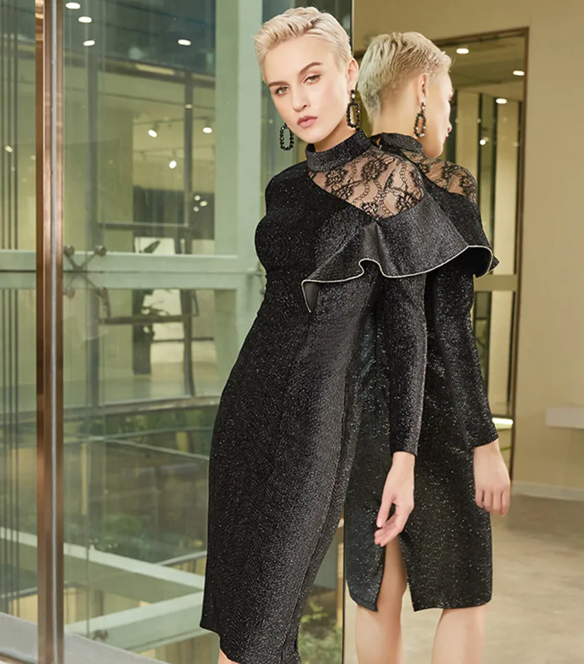 HAMALIEL Noble Women's Party Dress Winter Spring Runway Black Patchwork Lace Ruffels Pencil Vintage Lady Bodycon | Женская одежда