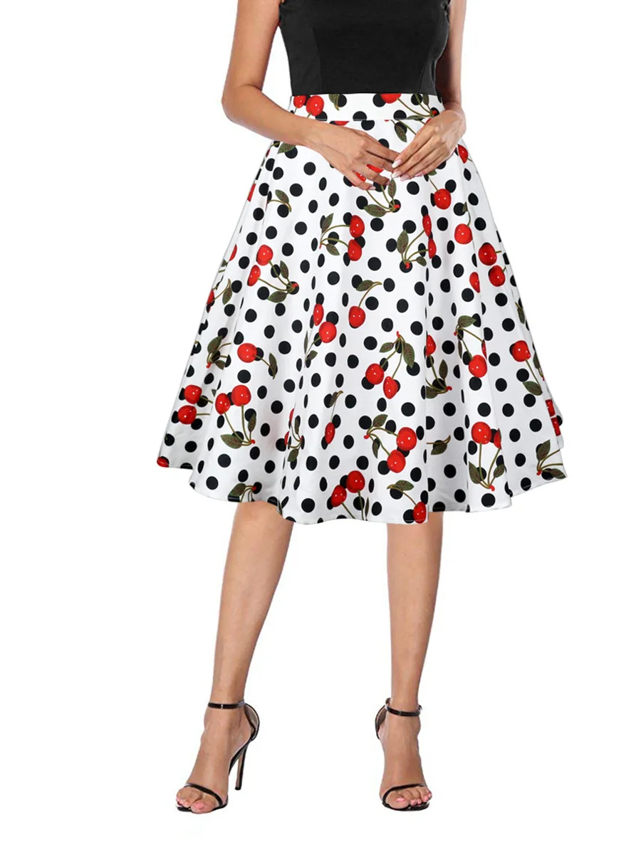 

Zuolunouba Summer Women Skirt Cotton Office Lady Beautiful Cherry Rose Prints Harajuku Knee-length Skirts Female Zipper Waist