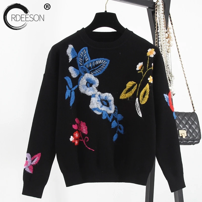 ORDEESON Flowers Embroidery Women Sweaters and Pullovers Jumper winter round neck Knitted Sweater Black Tops Jersey | Женская одежда