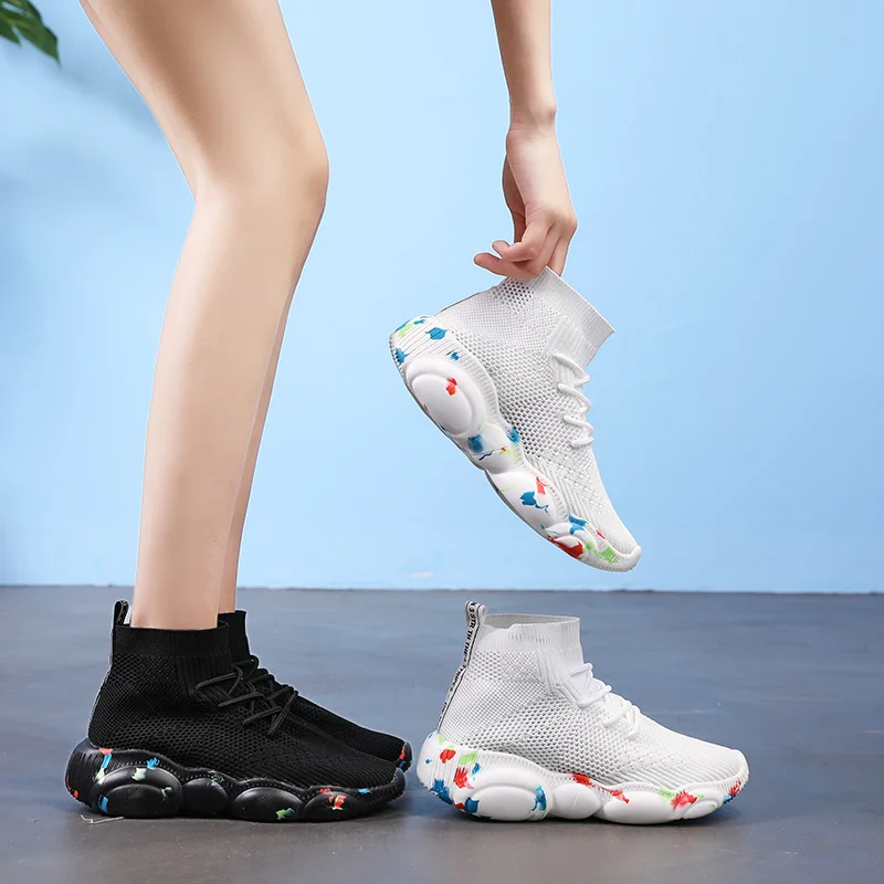 Кроссовки женская обувь эластичная вязаная Chaussures Femme на плоской платформе