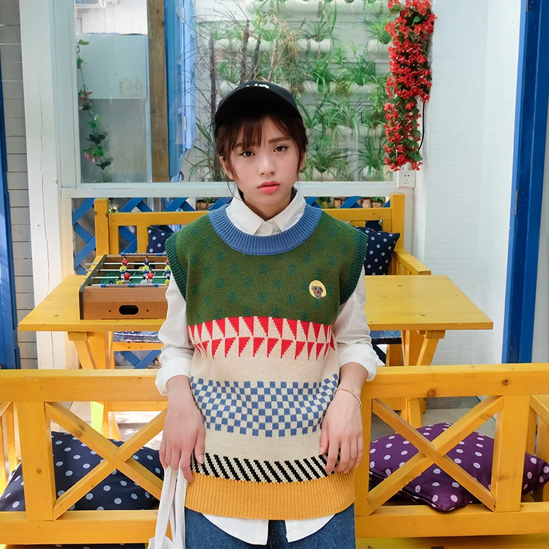 Korean Institute Wind Retro Color Patchwork Printed Cute Sweater Vest Womens Casual Round Neck Loose Knit Pullovers Jumpers | Женская