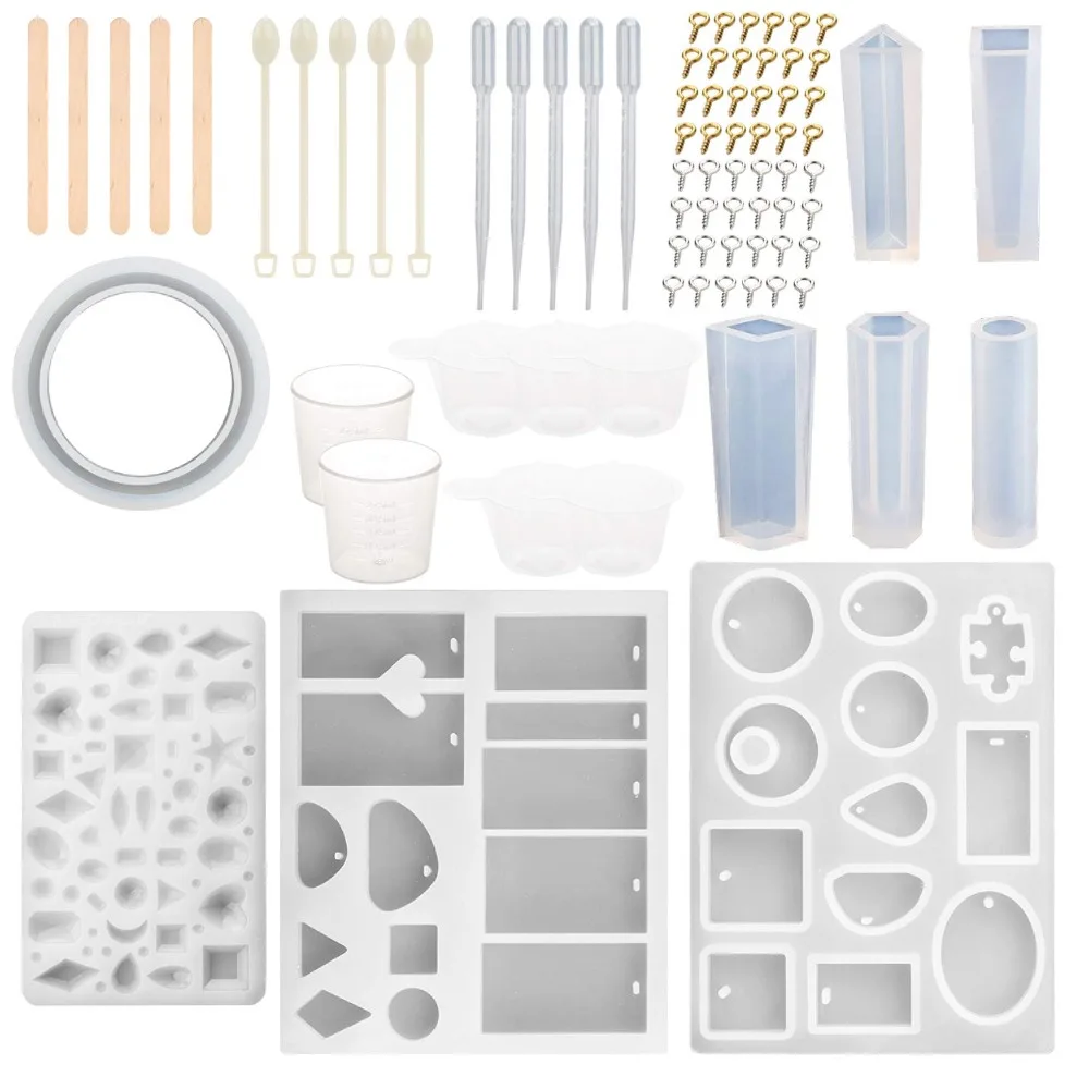 

Jewelry Casting Molds Silicone Resin Jewelry Molds with 48 Screw Eye Pins 5 Wooden Stick, 5 Plastic Spoons, 5 Plastic Droppers