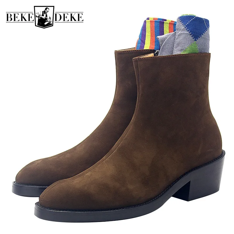 Замшевые классические мужские ботинки высокий каблук молния заостренный носок