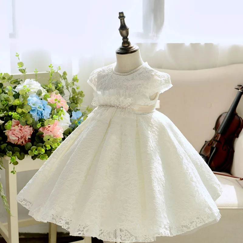 

Pearls Beading White Flower Girl Dresses for Wedding Short Sleeve Ball Gown Princess Party Vestidos Lace Kids Pageant Dress B359