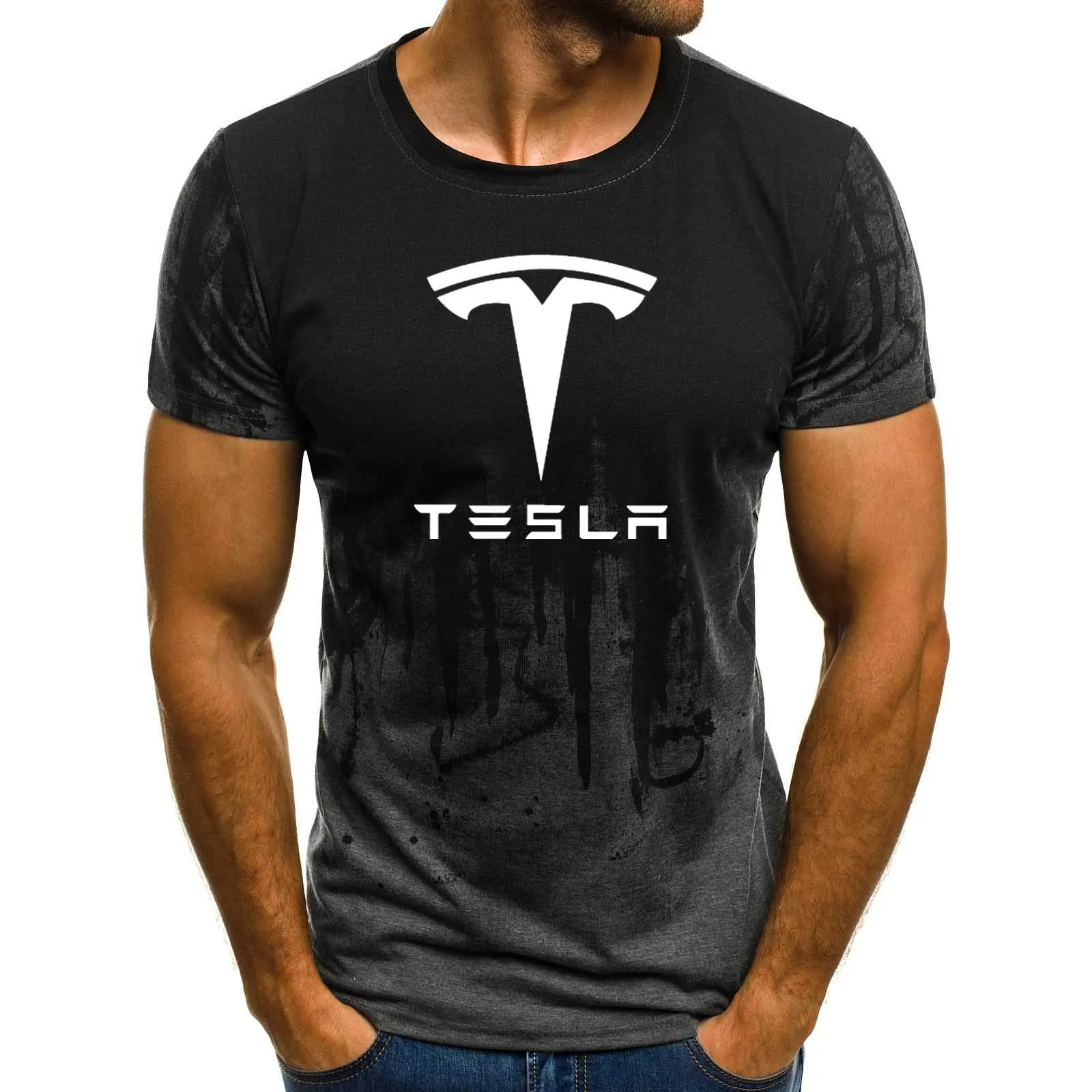 Мужская футболка с коротким рукавом и логотипом Tesla Car, летняя повседневная хлопковая Футболка с градиентом, модная футболка в стиле хип-хоп Harajuku, Мужская брендовая футболка