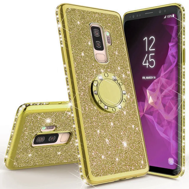 Gold Сияющий блеск Магнитный чехол для samsung Galaxy S10 S10e S8 S9 плюс A5 A7 A6 A8 Note 8 9 Bling 360 кольцо задняя крышка - Цвет: Gold