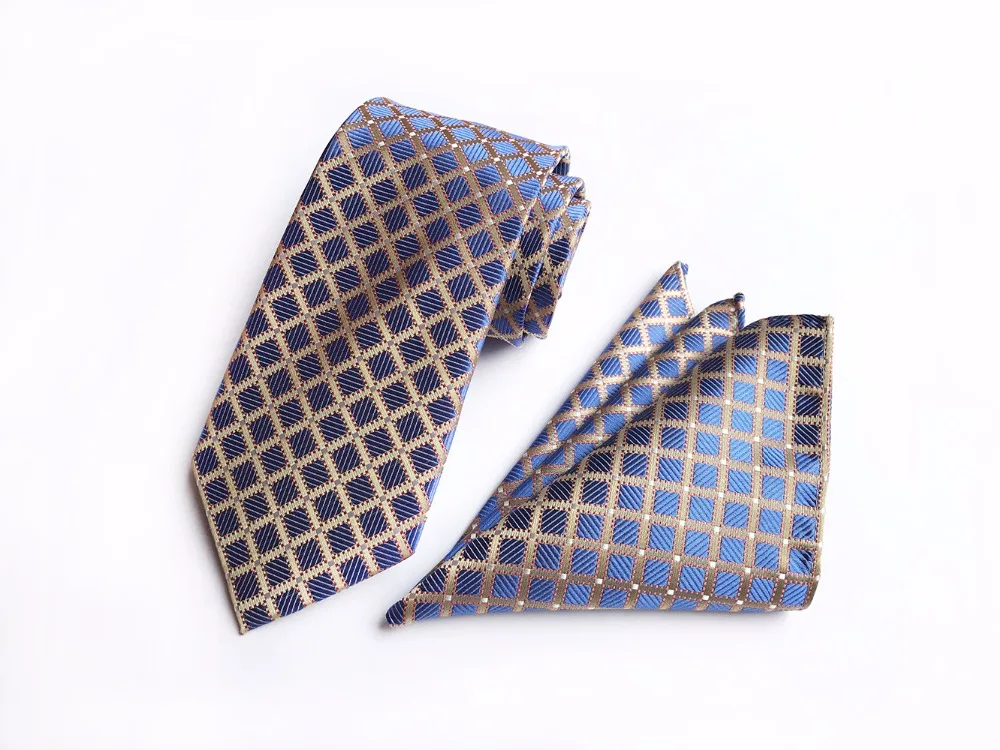 Дизайнерский мужской галстук Hanky Sets синий с золотыми бриллиантами клетчатый