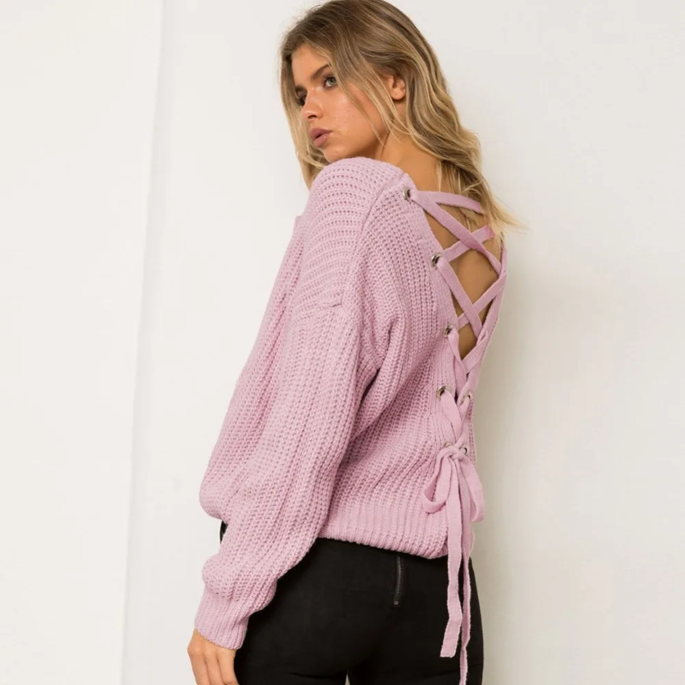 SharVell Women V-Neck Spring Sweater Fashion Backless Criss-Cross Lace Up Streetwear Pullovers Loose Solid Pink Sweaters | Женская