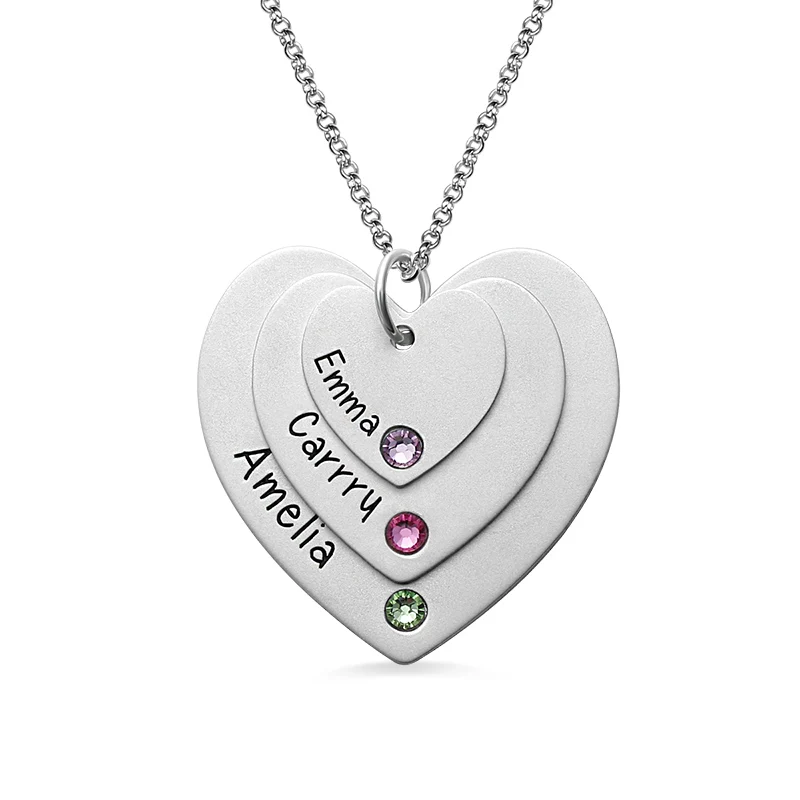 

Wholesale Triple Heart Necklace with Birthstones Sterling Silver Engraved Name Necklce Mother Jewelry