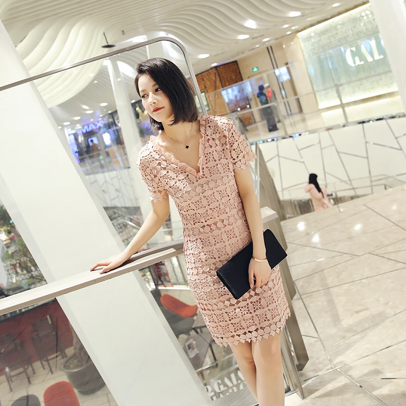 2017 Весна Лето Автопортрет Выдалбливают Цветочные Mini Dress Pink Кружева V Шеи