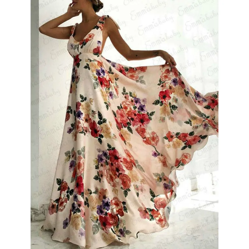 Женское винтажное платье с цветочным принтом длинное вечернее V-образным вырезом