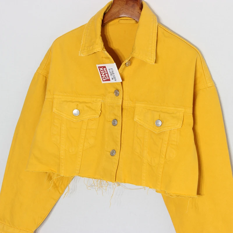 Women High Waist Basic Versatile Fashion Yellow Denim Jacket Long sleeve Jeans Short Coat Big size Loose Outerwear | Женская одежда