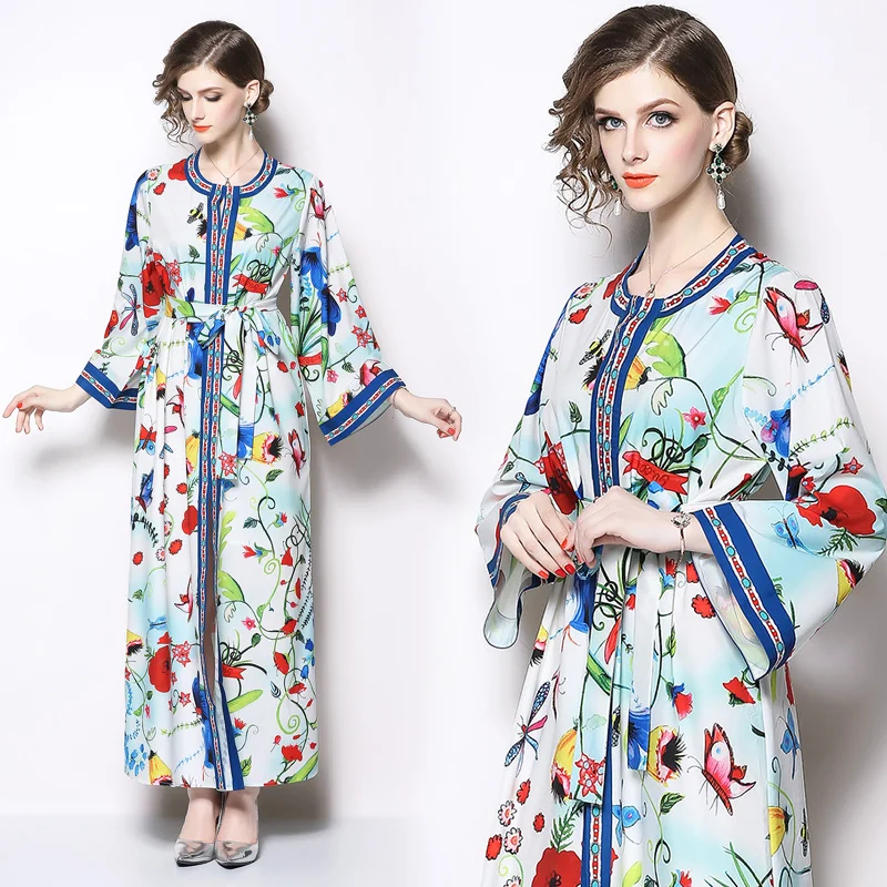 Новинка 2019 винтажное модное женское длинное платье с принтом и круглым вырезом