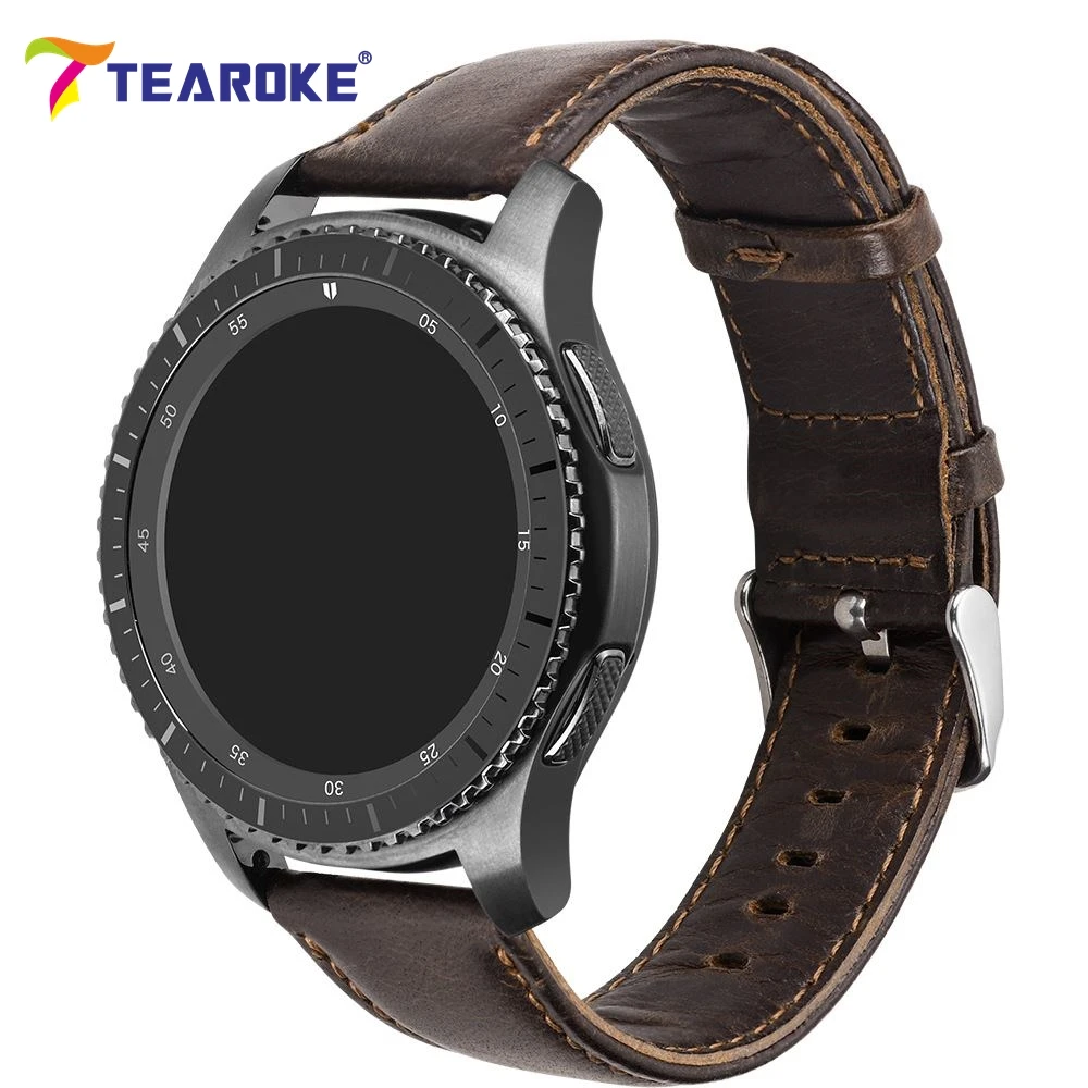 TEAROKE Crazy Horse Leather Watchband for Samsung Gear S2 S3 Classic Dark Brown Smart Watch Replacement Bracelet Band Strap