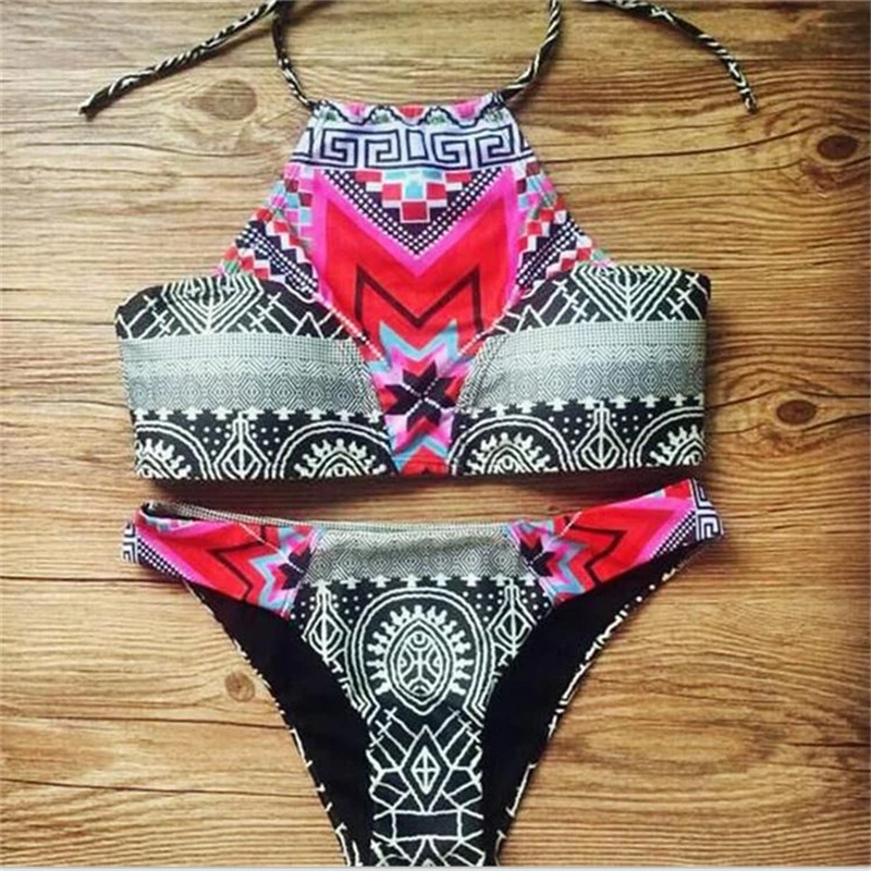 Бикини с высокой горловиной богемный купальник женский принтом винтажная