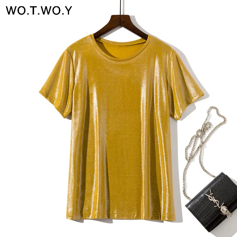 T19053Yellow WOTWOY, серебристые, прессованные, вязаные футболки, женские,, летние, сексуальные, тонкие, круглый ворот, короткий рукав, розовая футболка, женские, одноцветные футболки Harajuku - Цвет: T19053Yellow