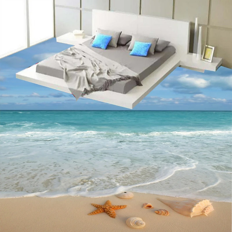 

Modern Simple 3D Stereo Beach Sea Wave Starfish Conch Floor Tiles Mural Wallpaper Bathroom Bedroom PVC Waterproof 3 D Flooring