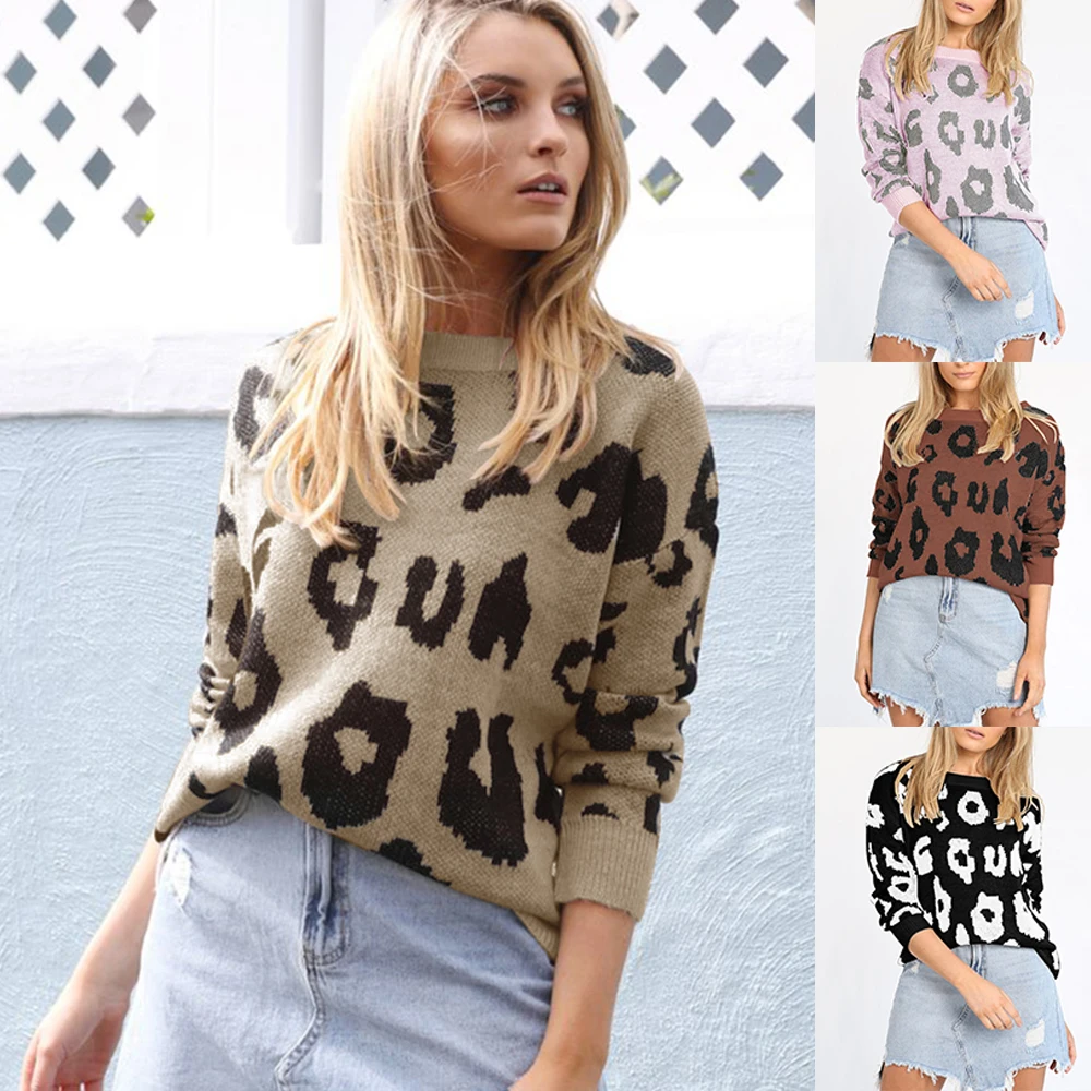 Свитер женский леопардовый пуловер с круглым вырезом Осень хаки розовый черный