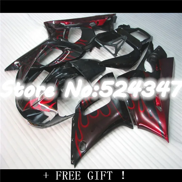 B High quality ABS fairing kit for R6 1998 1999 2000 2001 2002 YZF-R6 YZF 98-02 red flames in black fairings set NX12 | Автомобили и