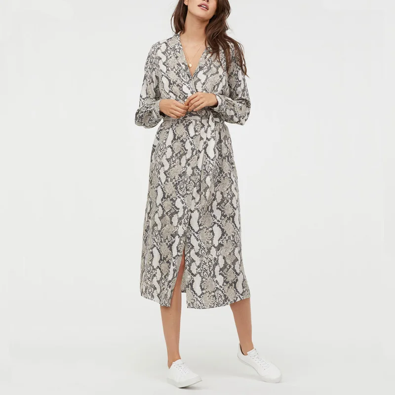 Летнее повседневное женское платье со змеиным принтом и поясом|Женские платья| |
