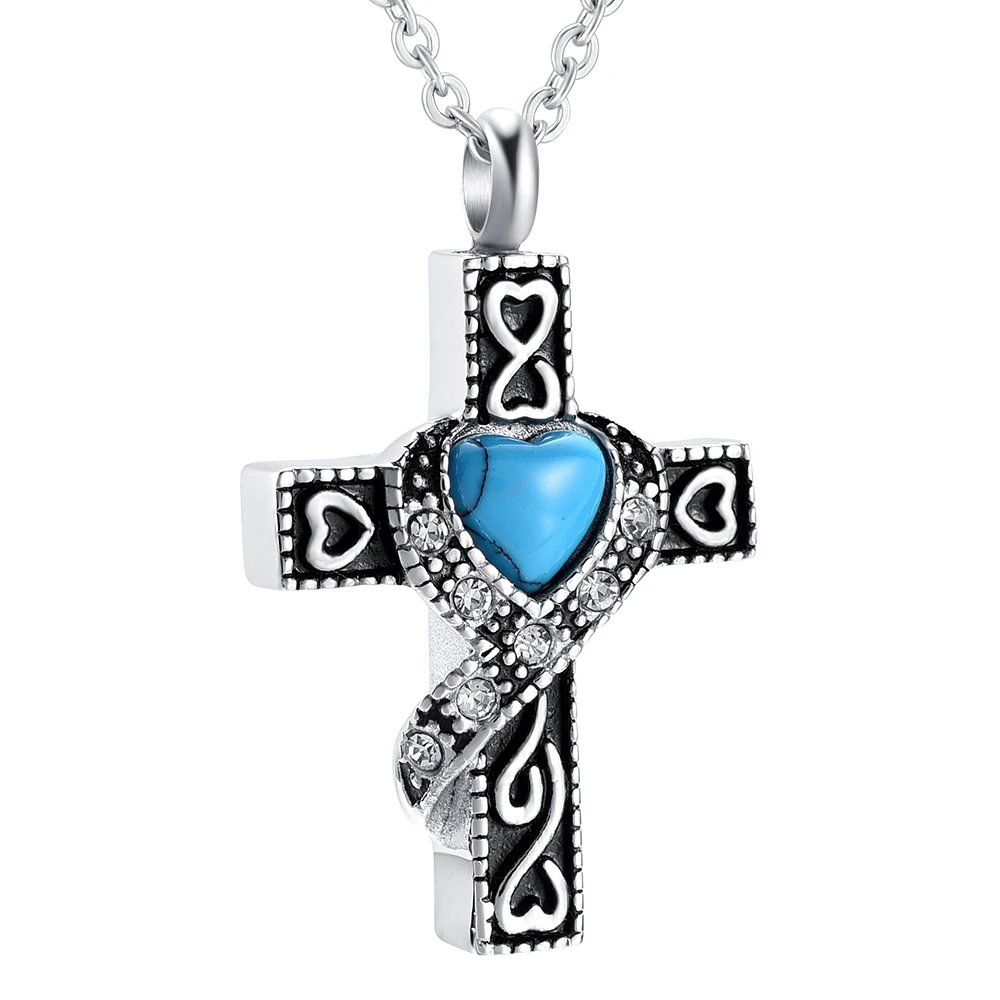 

IJD7732 316 L Staniless steel Blue Birthstone Cremation Urn Necklace Memorial Cross Ashes Holder Keepsake Urn locket Jewelry