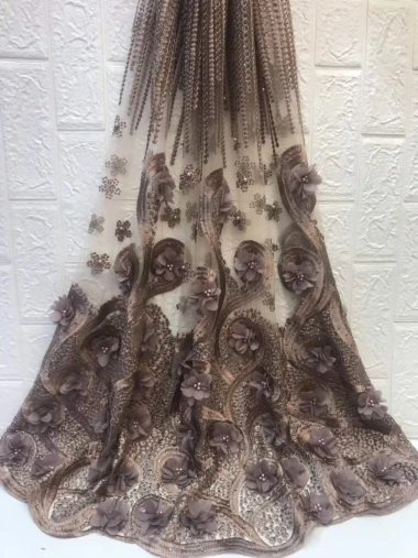 3D African Flower Embroidered Tulle Lace Pearls Fabric 2019 High Quality with beads for Wedding WZH117 | Дом и сад