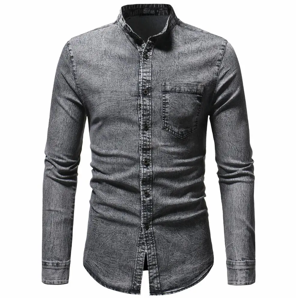 Gray Shirt Джинсовая мужская рубашка, брендовая, длинный рукав, повседневная, Ретро стиль, мужская рубашка, приталенная, одноцветная, стирается, размера плюс, Мужская одежда, черный, синий - Цвет: Gray Shirt