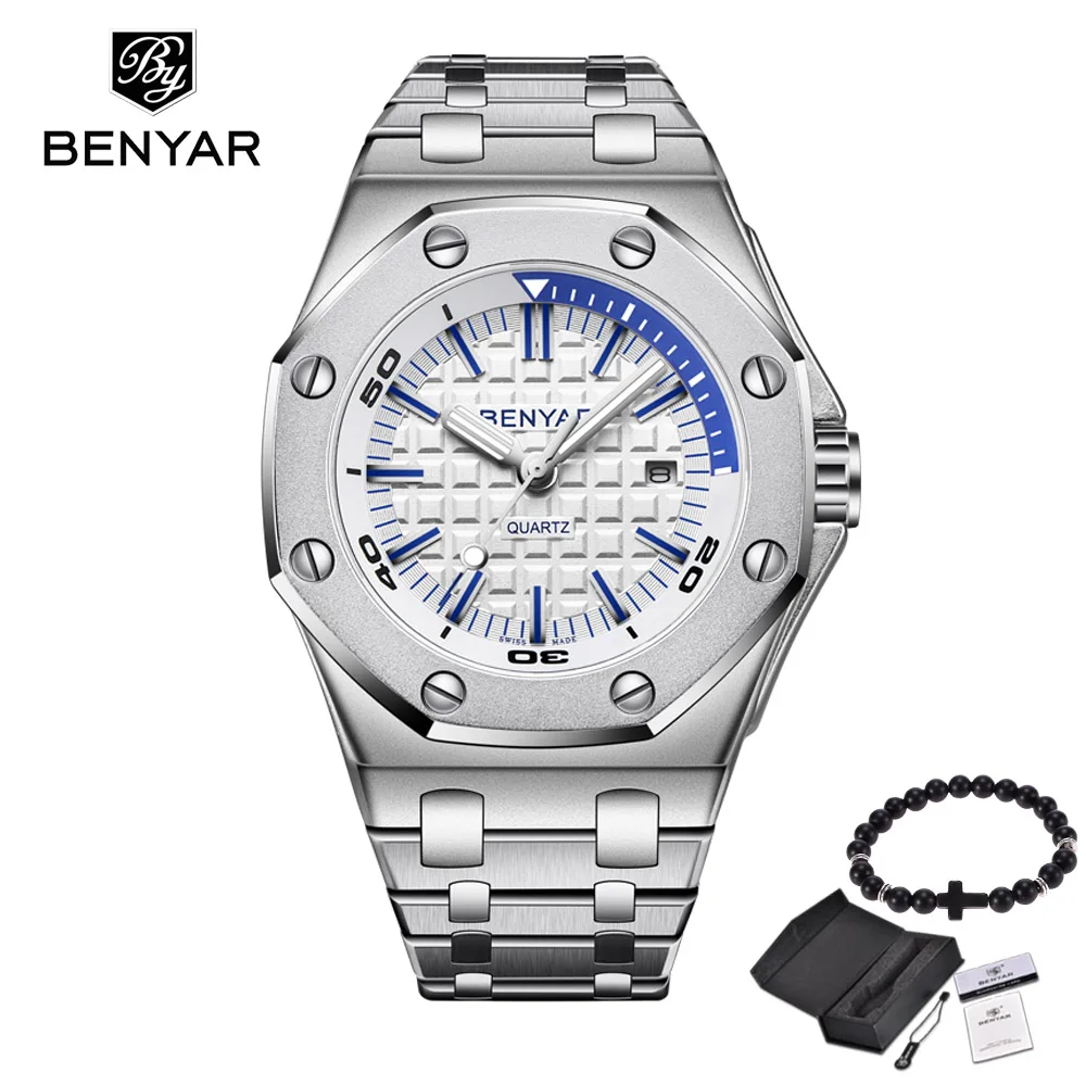 Silver white Бесплатный подарок, новые модные мужские часы BENYAR, мужские брендовые Роскошные Кварцевые часы, мужские повседневные водонепроницаемые спортивные наручные часы, Relogio Masculino - Цвет: Silver white