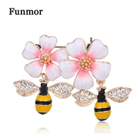 funmor vivid enamel double bees brooch crystal insect flower brooches for women kids clothes tie decoration scarf buckle badge