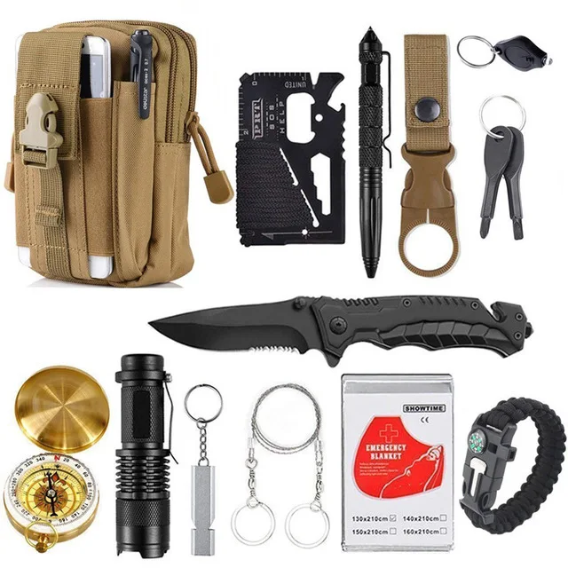 13 In 1 Khaki Tools 13 в 1 снаряжение для экстренного выживания, профессиональная аптечка для походов на открытом воздухе, инструменты для выживания, свисток, тактические инструменты для диких - Цвет: 13 In 1 Khaki Tools