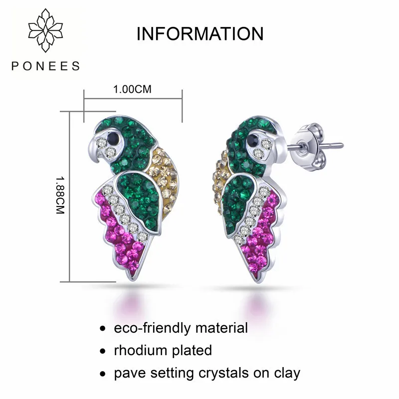 PONEES New Bird Pendants and Earrings Set Exquisite Colorful Parrot Jewelry Fashion Necklaces For Women Gift | Украшения и