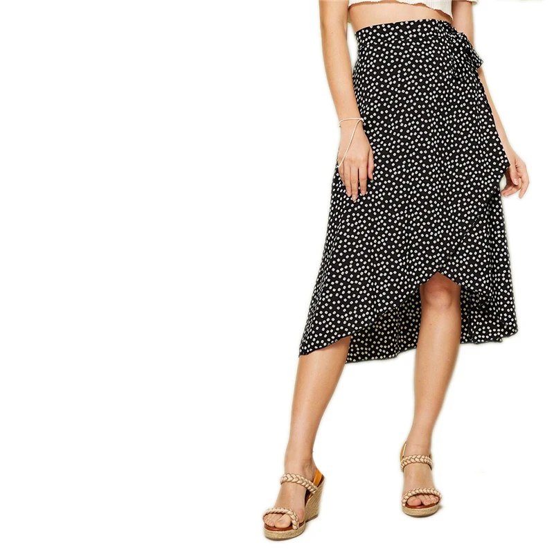 SHEIN, черная юбка с цветочным узором и бантом, бохо, Женская юбка, лето, для праздника, высокая талия, Алин, миди юбки для женщин