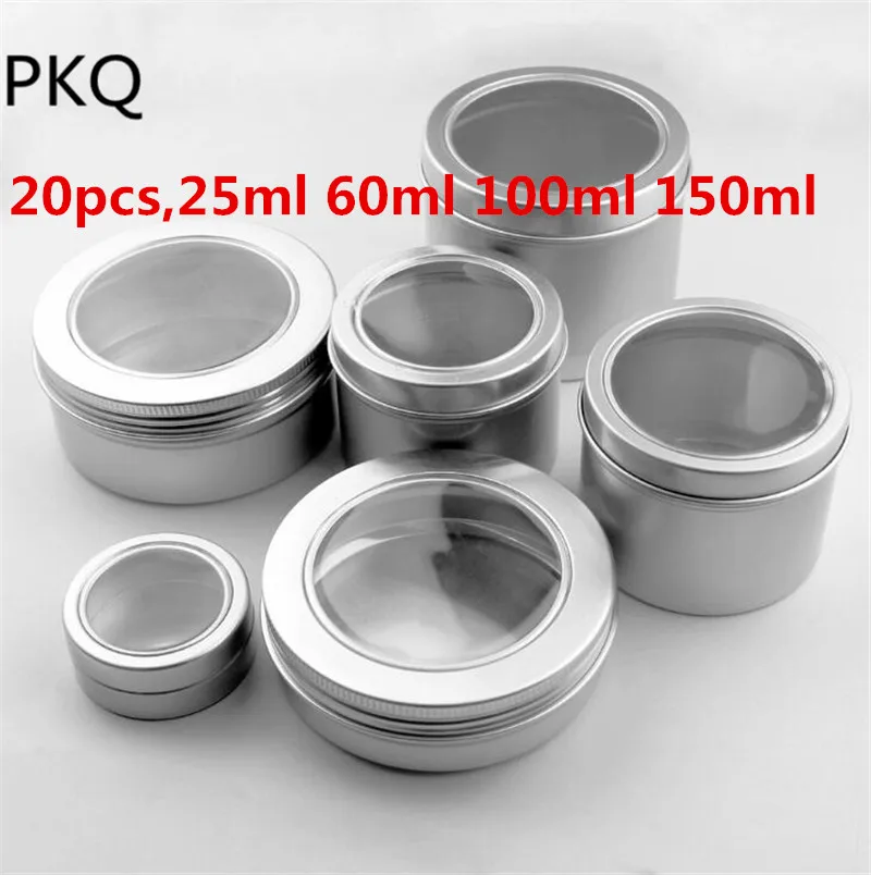 20pcs 25ml 60ml 100ml 150ml Aluminium Silver jars with window Empty Sample Container Powder cans Cosmetic Travel Pot | Дом и сад