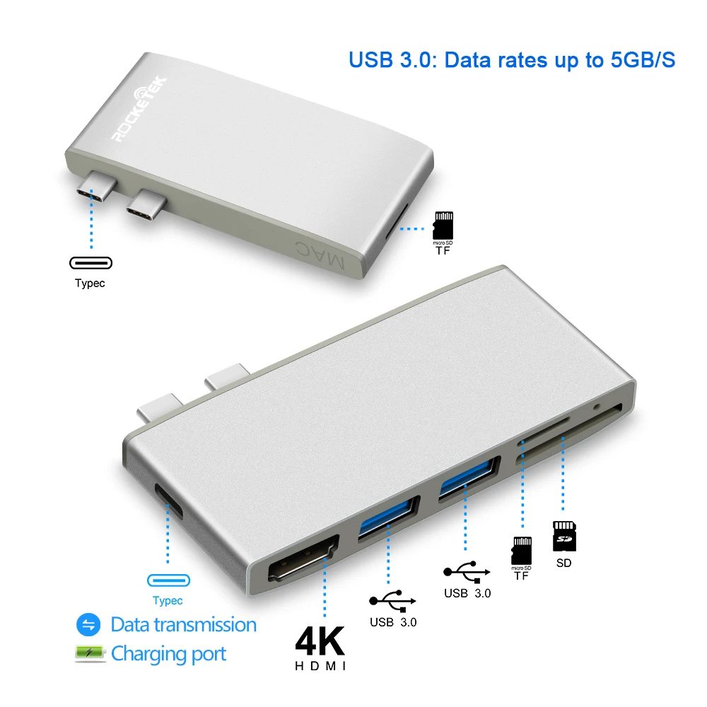 Адаптер Rocketek multi type c 3 0 2 usb хаб HDMI 4K с SD TF кардридером для MacBook pro аксессуары