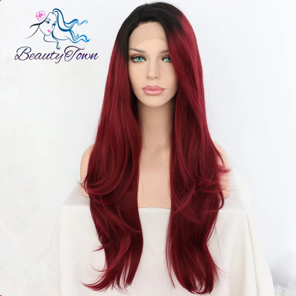 BeautyTown черный Омбре красный термостойкие волосы естественная волна Тип ручная вязка перрюк синтетические волосы на кружеве парики для свадебной вечеринки