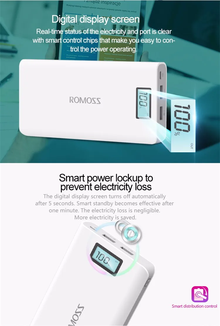 Внешний аккумулятор ROMOSS, 20000 мА/ч, Sense 6 Plus, внешний аккумулятор, Дополнительный внешний аккумулятор, запасная мощность, двойной USB, для samsung и iPhone