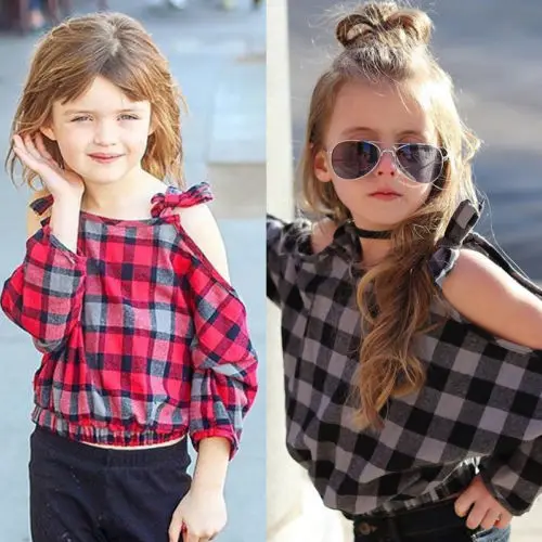 New Style Kid Girls Strap Plaid T-shirt Off Shoulder T-Shirt Infant Outfit Children Casual T Shirt Clothes Spring Tops Age 0-5Y | Детская