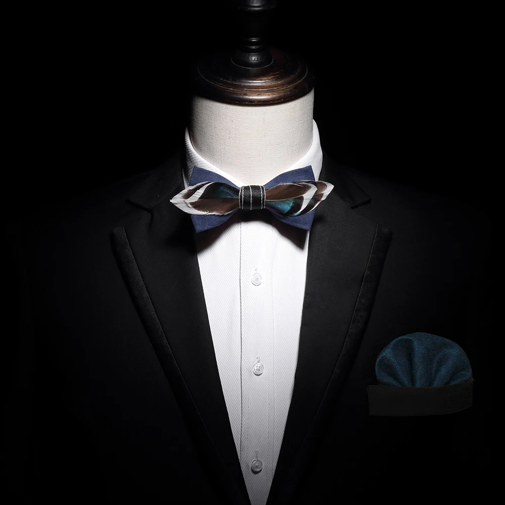 High Quality Men Bow tie Pocket Square Set Handmade Cut Feather Adjustable Formal Tie Bowtie Wedding Party cravat Fathers gift | Аксессуары