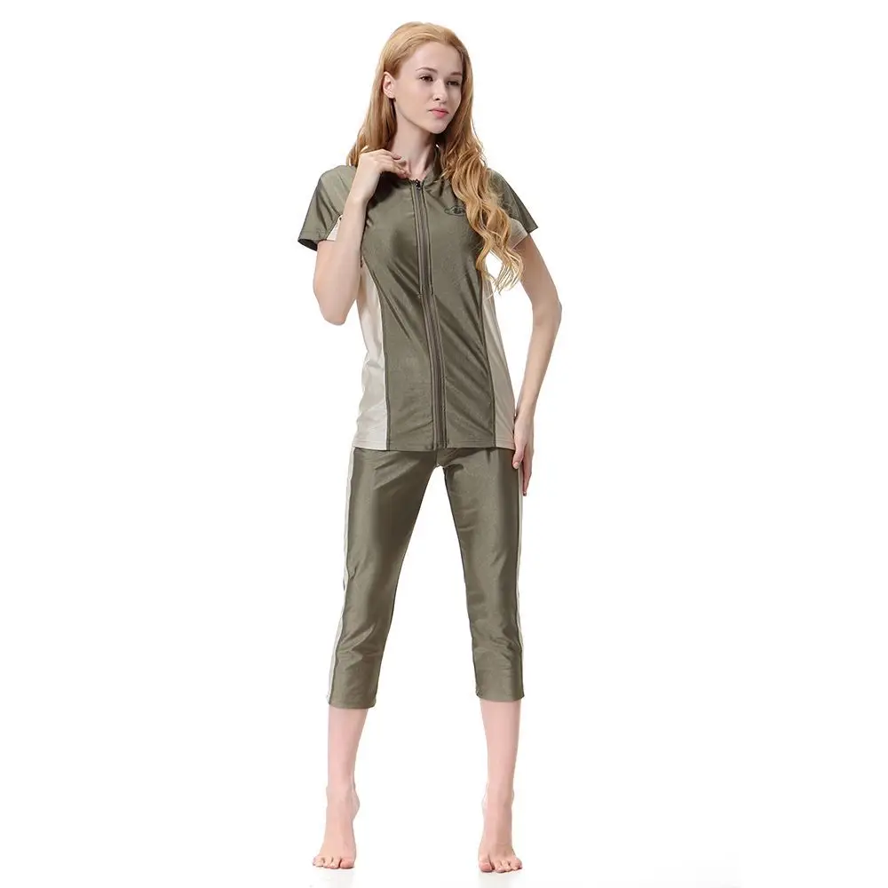 Army green Пляжный Мусульманский купальник солнцезащитный исламский женский купальник лоскутный полный Чехол короткий рукав скромный Мусульманский купальник с шапкой B1005 - Цвет: Army green
