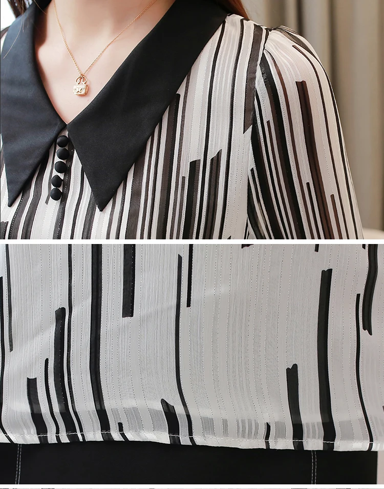 Новые летние женские шифоновые блузки в полоску с воротником Питер Пэн для офиса