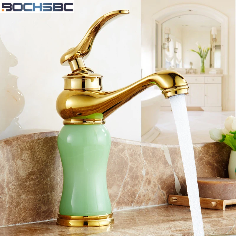 

BOCHSBC Античный Золотой медный смеситель для воды Европейский смеситель с одной ручкой кран для воды для ванной зеленый нефритовый смеситель для раковины Горячая и холодная