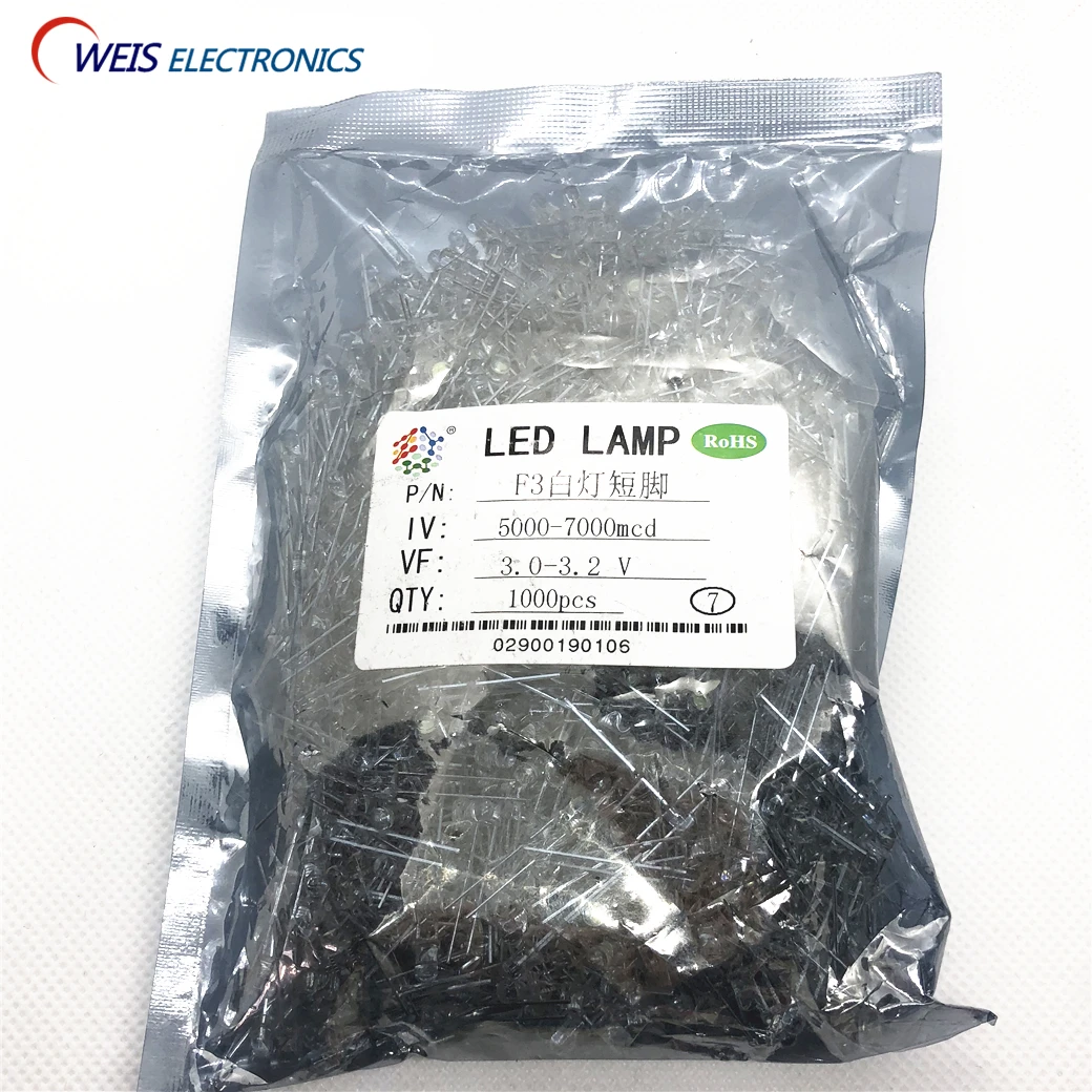 

1000PCS F3 WHITE LED DIP-2 3MM ROUND Water Clear SHORT LEGS 3.0-3.2V 5000-7000MCD light emitting diode LAMP